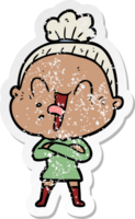 distressed sticker of a cartoon happy old woman png