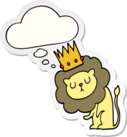 cartoon lion with crown with thought bubble as a printed sticker png