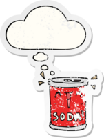 cartoon soda can with thought bubble as a distressed worn sticker png