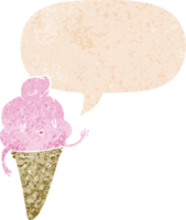 mignonne dessin animé la glace crème avec discours bulle dans grunge affligé rétro texturé style png