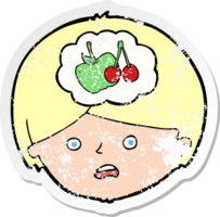 retro distressed sticker of a cartoon man thinking about healthy eating png