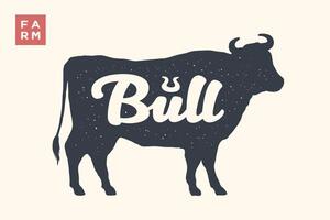 Farm animals set. Isolated bull silhouette and word Bull vector