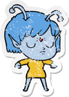 distressed sticker of a cartoon alien girl png