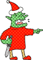 main tiré bande dessinée livre style illustration de une lutin avec couteau portant Père Noël chapeau png