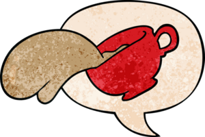 cartoon mug of coffee with speech bubble in retro texture style png