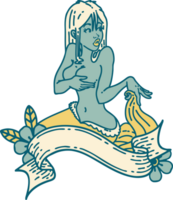 tattoo in traditional style of a pinup mermaid with banner png