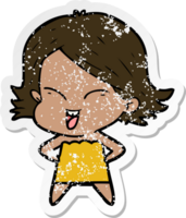 distressed sticker of a happy cartoon girl png