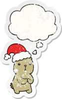 cartoon christmas bear worrying with thought bubble as a distressed worn sticker png