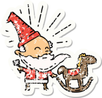 worn old sticker of a tattoo style santa claus christmas character making toy png