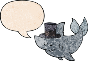 cartoon shark wearing top hat with speech bubble in retro texture style png