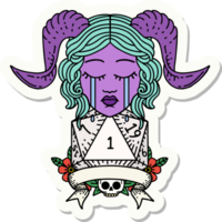 sticker of a crying tiefling face with natural 1 D20 Dice png