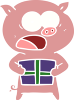 Cartoon-Schwein im flachen Farbstil mit Weihnachtsgeschenk png