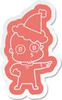 quirky cartoon  sticker of a weird bald spaceman wearing santa hat png