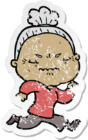 distressed sticker of a cartoon annoyed old lady png