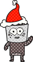 gelukkig hand- getrokken grappig boek stijl illustratie van een robot golvend Hallo vervelend de kerstman hoed png