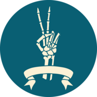 tattoo style icon with banner of a skeleton giving a peace sign png