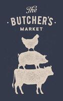 Poster for butcher market. Cow, pig, hen stand on each other vector