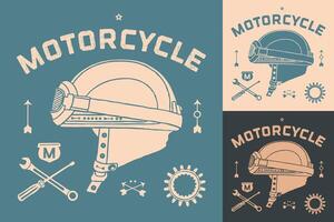 Poster of vintage race motorcycle helmet. Retro old school set. Illustration. vector