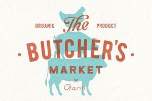 Poster for butcher market. Cow, pig, hen stand on each other vector