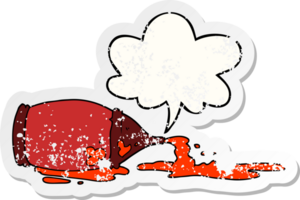 cartoon spilled ketchup bottle with speech bubble distressed distressed old sticker png