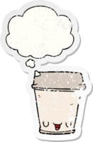 cartoon coffee cup with thought bubble as a distressed worn sticker png