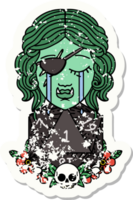 grunge sticker of a crying half orc rogue character with natural one D20 roll png