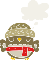 cute cartoon owl in hat with thought bubble in retro style png