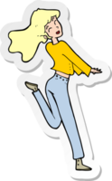 sticker of a cartoon happy girl kicking out leg png