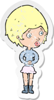 retro distressed sticker of a cartoon concerned woman png