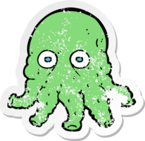 retro distressed sticker of a cartoon alien squid face png