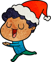 laughing hand drawn textured cartoon of a man running wearing santa hat png