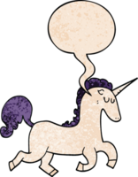 cartoon unicorn with speech bubble in retro texture style png