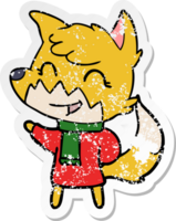 distressed sticker of a happy cartoon fox png