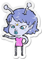 pegatina angustiada de una linda chica alienígena de dibujos animados png