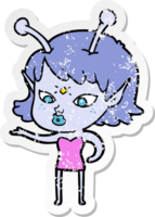 distressed sticker of a pretty cartoon alien girl png