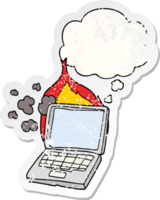 cartoon broken laptop computer with thought bubble as a distressed worn sticker png