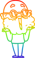 rainbow gradient line drawing of a cartoon joyful man with beard shrugging png