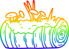 rainbow gradient line drawing of a cartoon old log with mushrooms png