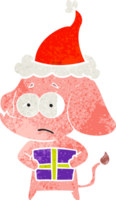 hand drawn retro cartoon of a unsure elephant with christmas present wearing santa hat png