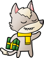 friendly cartoon wolf carrying christmas present png