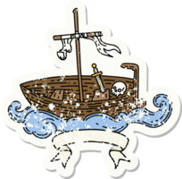 worn old sticker of a tattoo style empty boat with skull png