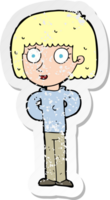 retro distressed sticker of a cartoon staring woman png