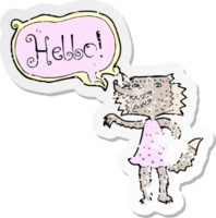 retro distressed sticker of a cartoon wolf girl saying hello png