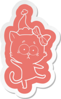 quirky cartoon  sticker of a cat wearing santa hat png