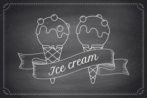 Ice cream scoop in cones and vintage engraving ribbon vector