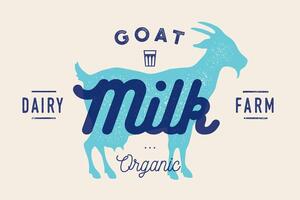 Milk, goat. Logo with goat silhouette, text Milk, Dairy farm vector