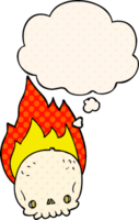 spooky cartoon flaming skull with thought bubble in comic book style png