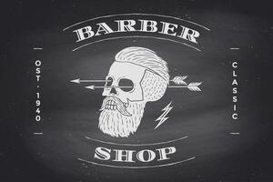 póster de Barbero tienda etiqueta en negro pizarra vector