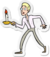 pegatina de un hombre asustado de dibujos animados caminando con un candelabro png