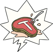 desenho animado cozinhou bife e garfo com discurso bolha png
